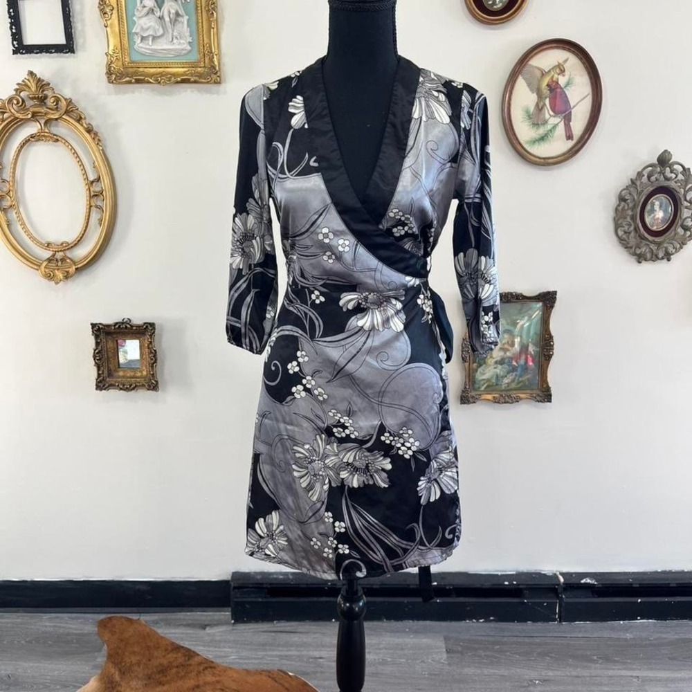 Vintage Y2K She's Cool Black & Gray Floral Wrap Dress – Satin Trim – Size Small